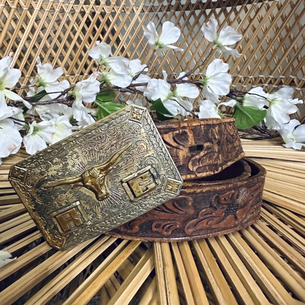 VTG Boho Western Tooled Leather Belt 38 Brown Floral Longhorn Chambers Belt Co